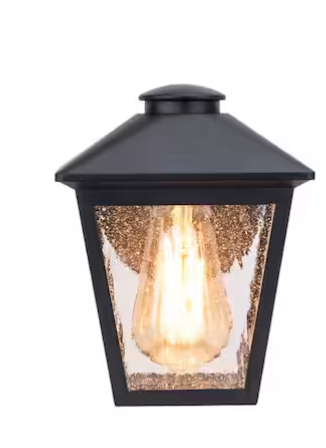 1-Light Black Outdoor Wall Lantern with Clear Seeded Glass – Hardwired Porch Sconce