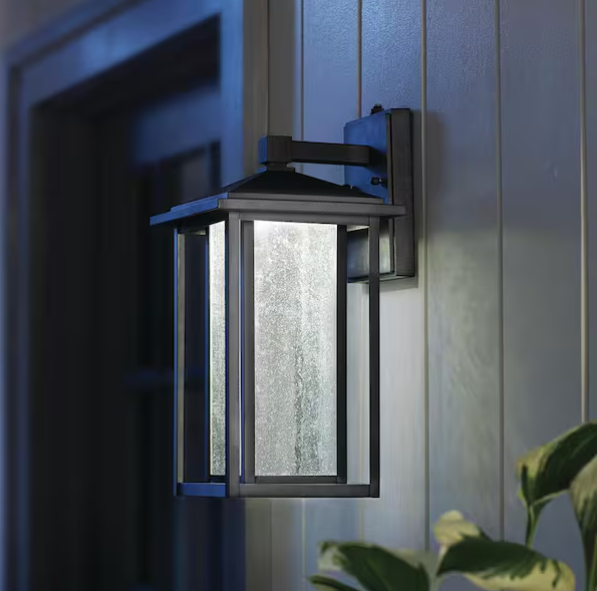 15.5” Black Dusk-to-Dawn LED Outdoor Wall Lantern with Seeded Glass – Mauvo Canyon Collection